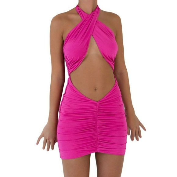 KikiRiki Cross Front Ruched Mini Dress Pink Size Small NWT - Picture 1 of 3